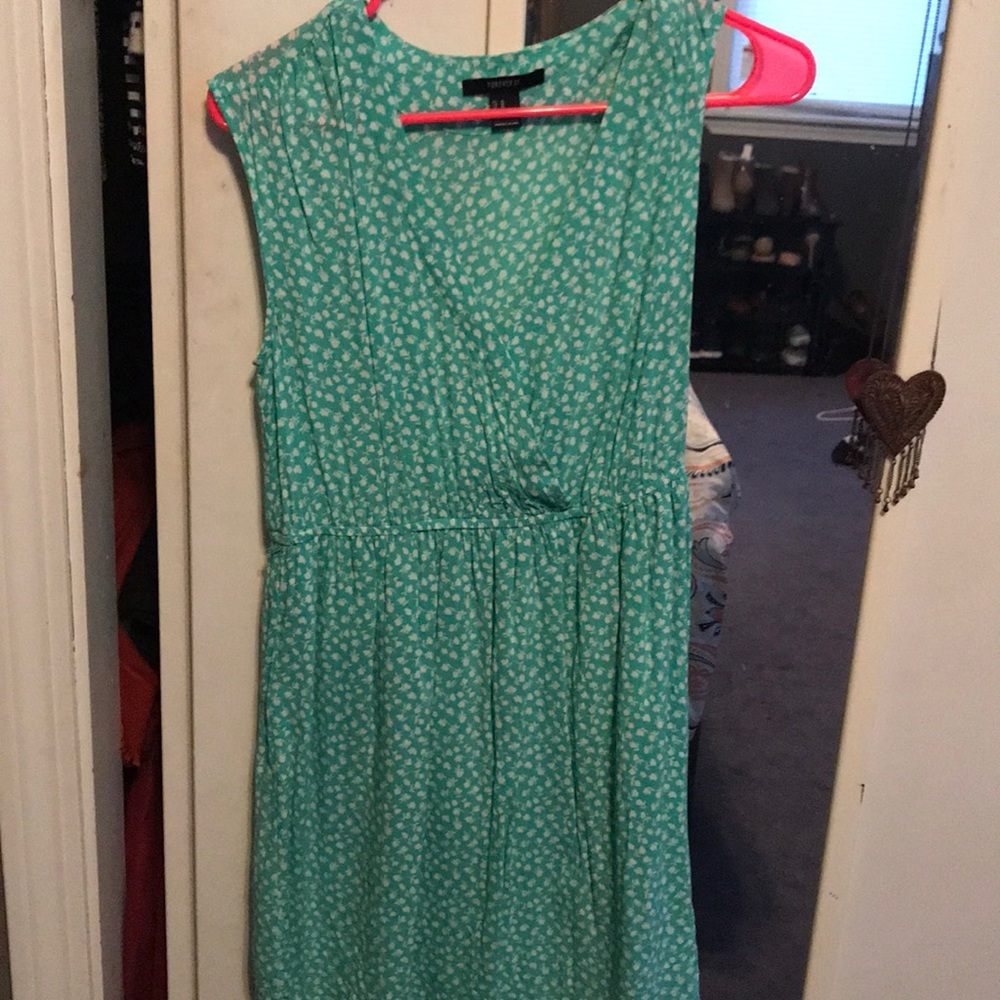 Green skater dress with white flowers! Worn twice!